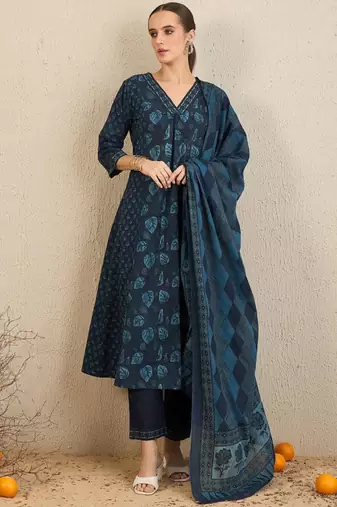 Floral printed pure cotton kurta with trousers & dupatta