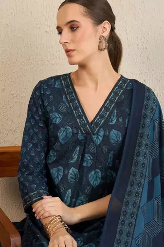 Floral printed pure cotton kurta with trousers & dupatta