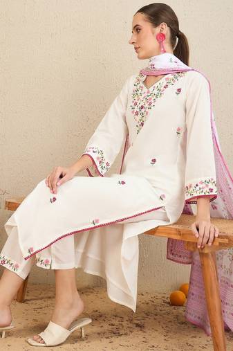 Floral embroidered thread work pure cotton straight kurta with trousers & dupatta