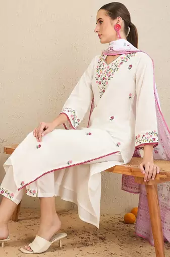 Floral embroidered thread work pure cotton straight kurta with trousers & dupatta