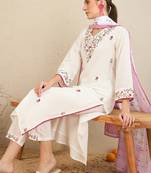 Floral embroidered thread work pure cotton straight kurta with trousers & dupatta