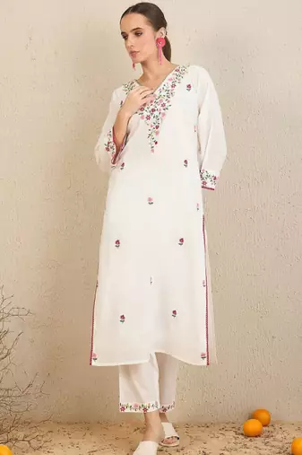 Floral embroidered thread work pure cotton straight kurta with trousers & dupatta