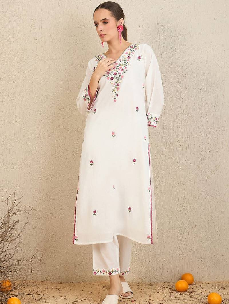 Floral embroidered thread work pure cotton straight kurta with trousers & dupatta