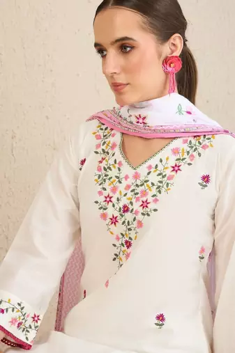 Floral embroidered thread work pure cotton straight kurta with trousers & dupatta