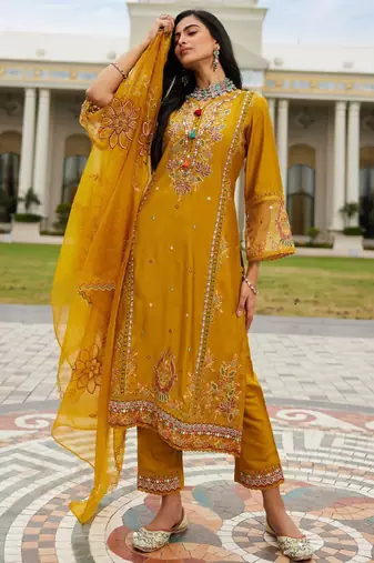 Women ethnic motifs embroidered regular mirror work kurta with trousers & with dupatta