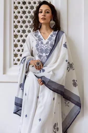 Women floral embroidered regular thread work pure cotton kurta with trousers & with dupatta