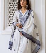 Women floral embroidered regular thread work pure cotton kurta with trousers & with dupatta