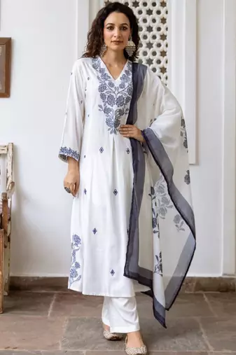 Women floral embroidered regular thread work pure cotton kurta with trousers & with dupatta