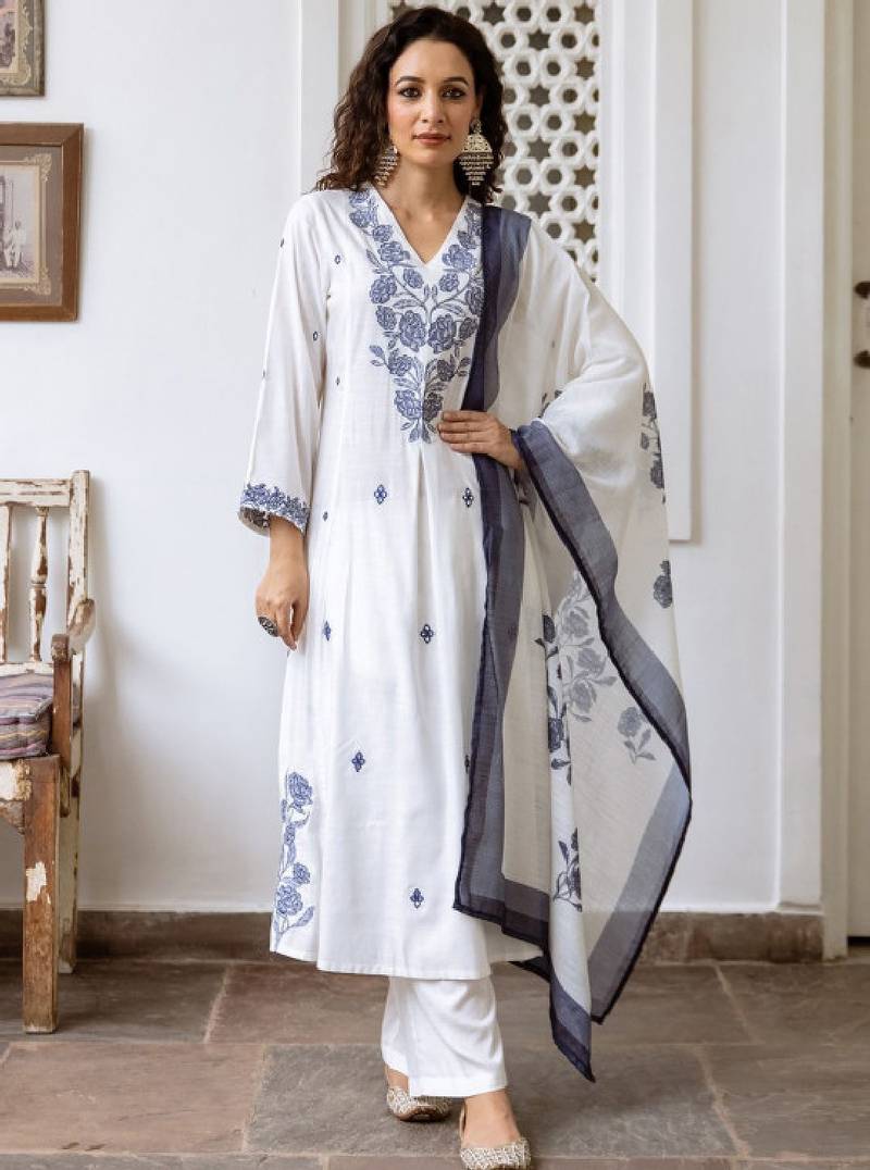 Women floral embroidered regular thread work pure cotton kurta with trousers & with dupatta