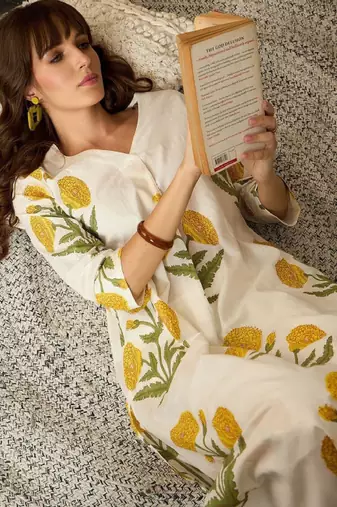 Floral printed pure cotton straight kurta with trousers