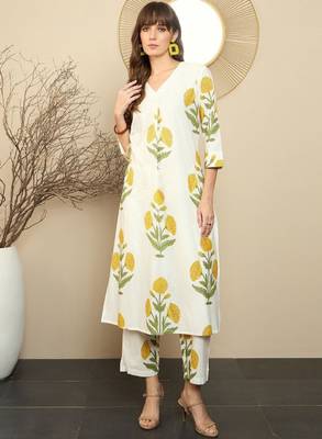 Floral printed pure cotton straight kurta with trousers 1