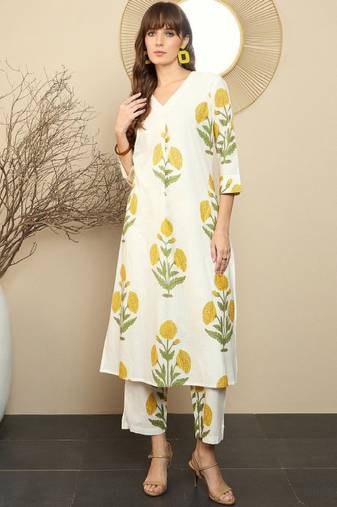 Floral printed pure cotton straight kurta with trousers