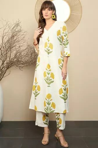 Floral printed pure cotton straight kurta with trousers
