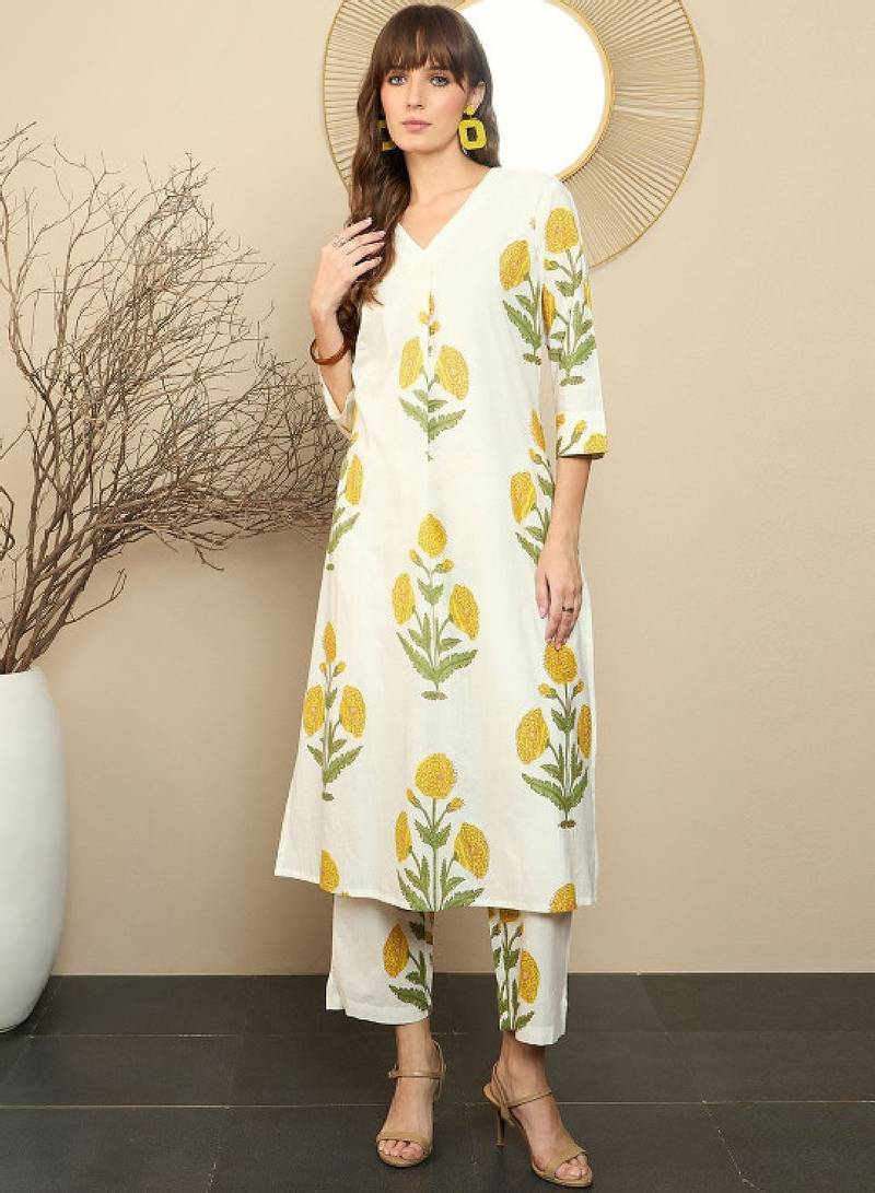 Floral printed pure cotton straight kurta with trousers
