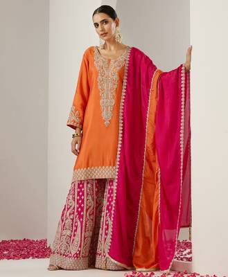 Orange ethnic motifs embroidered chinon straight republic day kurta with sharara & dupatta 1