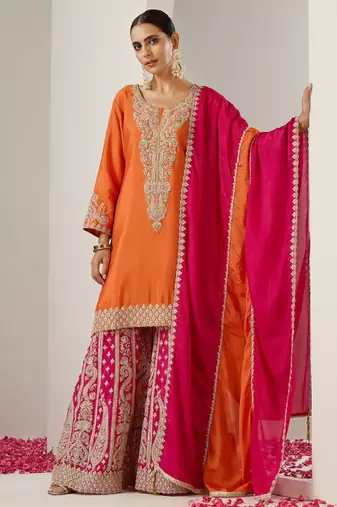 Orange ethnic motifs embroidered chinon straight republic day kurta with sharara & dupatta