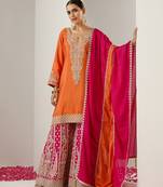 Orange ethnic motifs embroidered chinon straight republic day kurta with sharara & dupatta
