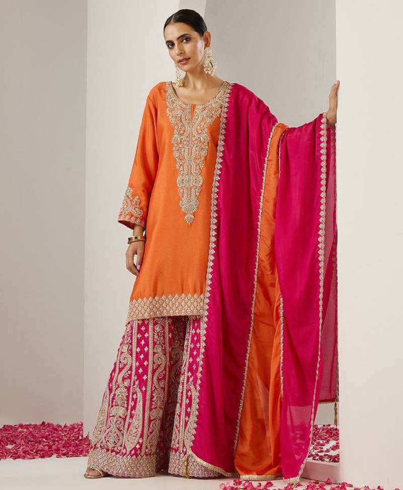 Orange ethnic motifs embroidered chinon straight republic day kurta with sharara & dupatta