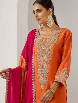 Orange ethnic motifs embroidered chinon straight republic day kurta with sharara & dupatta 2