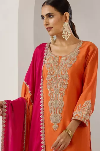 Orange ethnic motifs embroidered chinon straight republic day kurta with sharara & dupatta