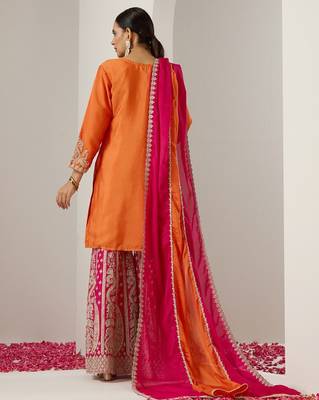 Orange ethnic motifs embroidered chinon straight republic day kurta with sharara & dupatta 3