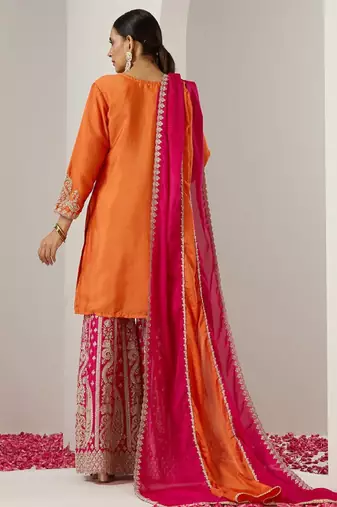 Orange ethnic motifs embroidered chinon straight republic day kurta with sharara & dupatta
