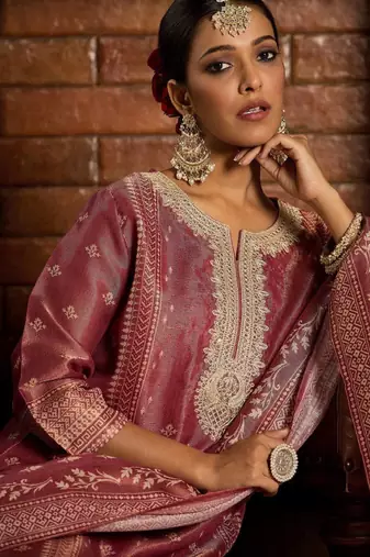 Floral zari embroidered straight kurta with trouser & dupatta