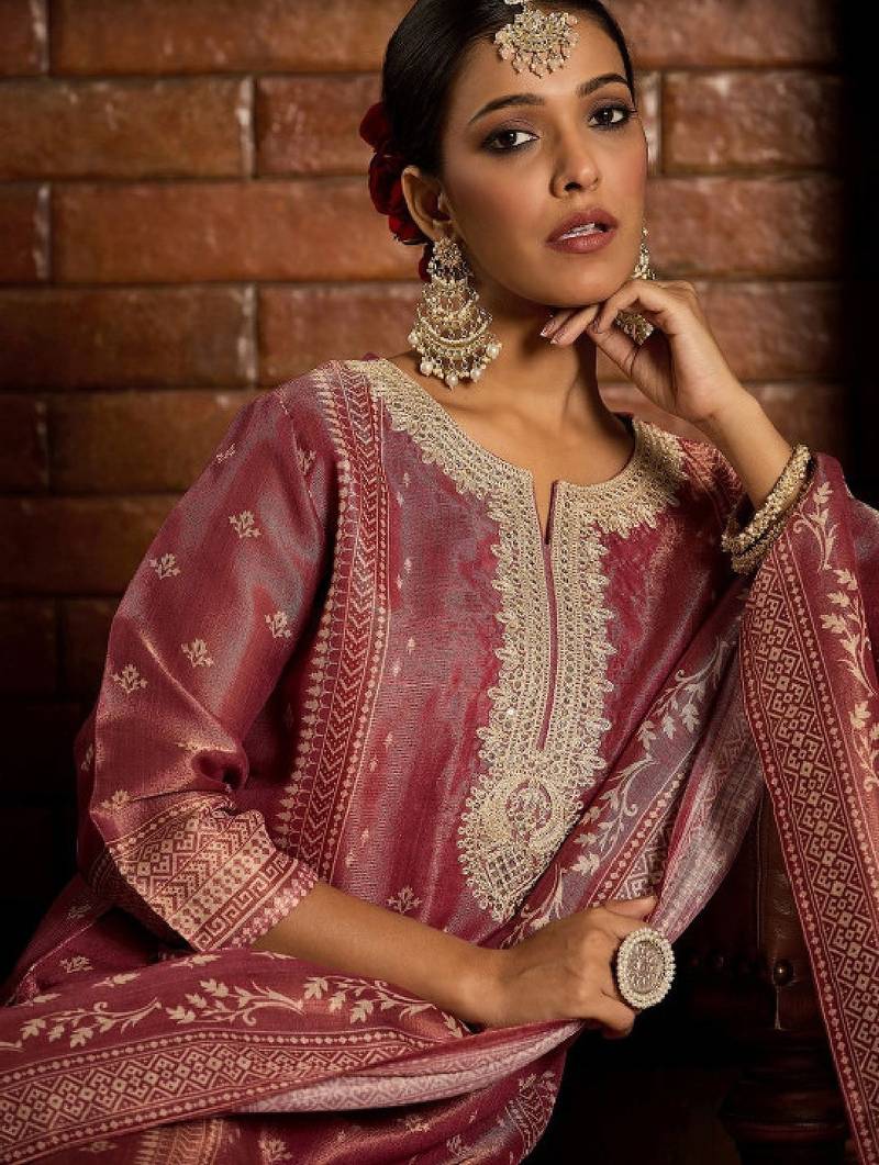 Floral zari embroidered straight kurta with trouser & dupatta