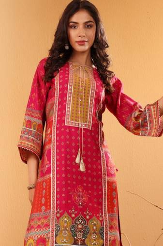 Ethnic motifs printed sequinned chanderi silk kurta with trousers and dupatta