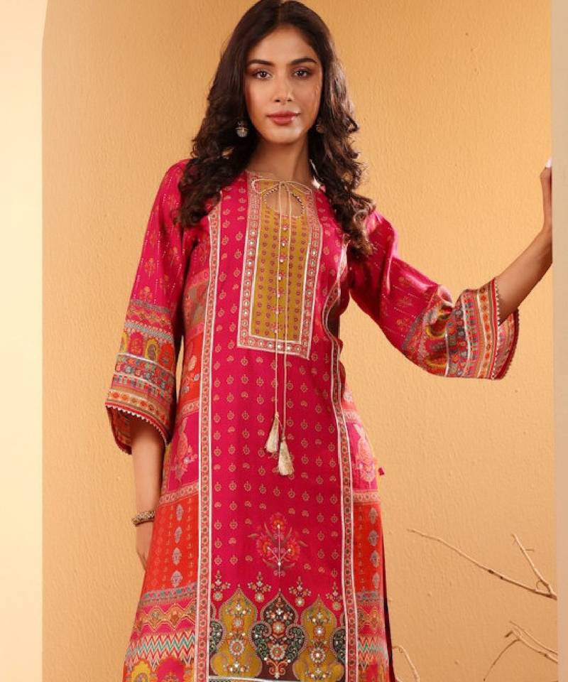 Ethnic motifs printed sequinned chanderi silk kurta with trousers and dupatta
