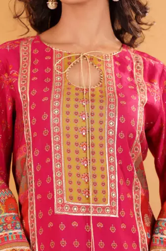 Ethnic motifs printed sequinned chanderi silk kurta with trousers and dupatta