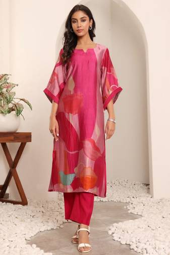 Abstract printed notch neck chanderi silk straight kurta with trousers