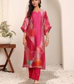 Abstract printed notch neck chanderi silk straight kurta with trousers