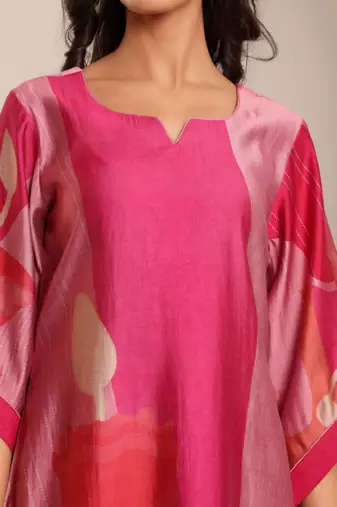 Abstract printed notch neck chanderi silk straight kurta with trousers