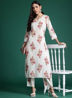 Women floral printed pure cotton kurta with trousers 1