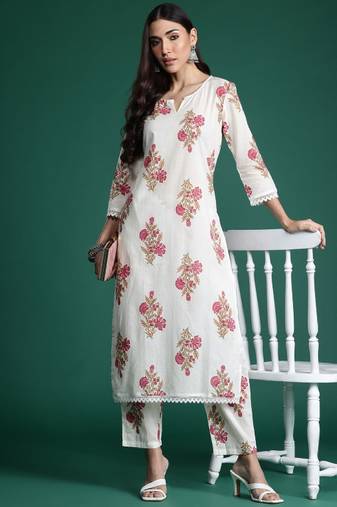 Women floral printed pure cotton kurta with trousers