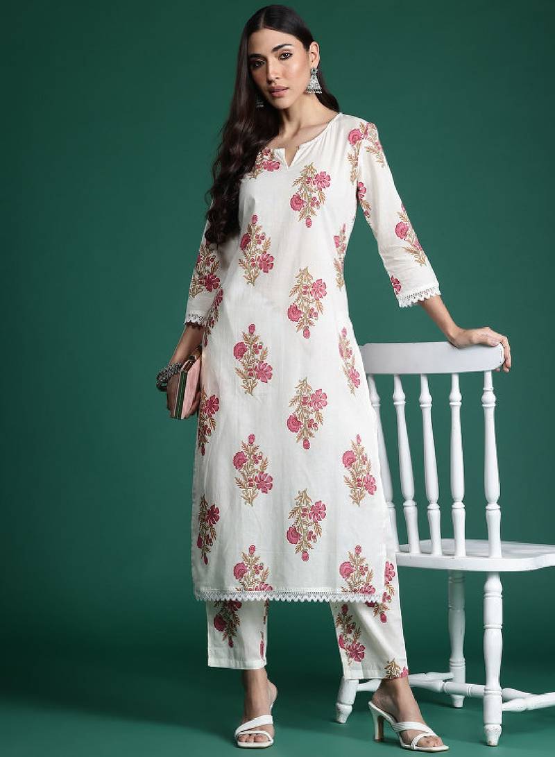 Women floral printed pure cotton kurta with trousers