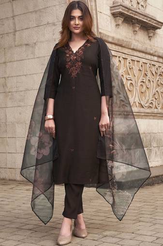 Floral embroidered v-neck straight thread work kurta with trousers and dupatta