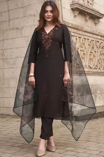 Floral embroidered v-neck straight thread work kurta with trousers and dupatta
