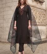 Floral embroidered v-neck straight thread work kurta with trousers and dupatta