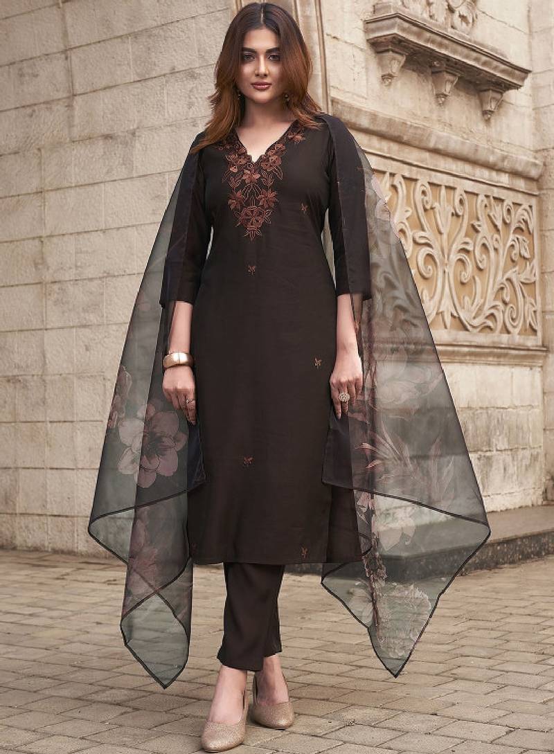 Floral embroidered v-neck straight thread work kurta with trousers and dupatta