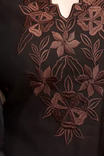 Floral embroidered v-neck straight thread work kurta with trousers and dupatta