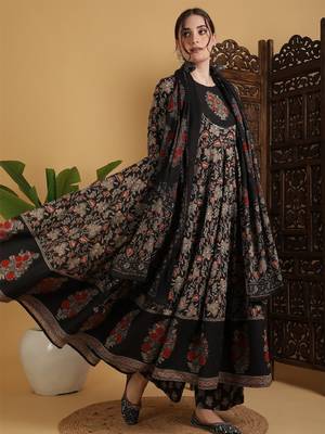 Floral printed anarkali pure cotton kurta with palazzos and dupatta 1