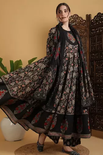 Floral printed anarkali pure cotton kurta with palazzos and dupatta