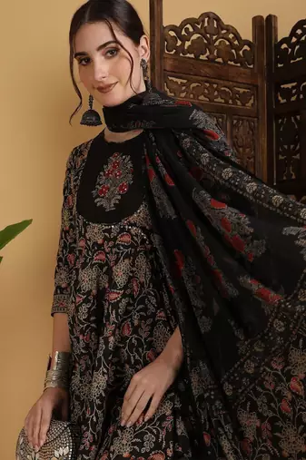 Floral printed anarkali pure cotton kurta with palazzos and dupatta