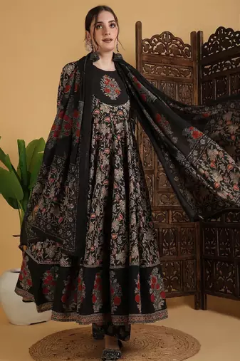 Floral printed anarkali pure cotton kurta with palazzos and dupatta