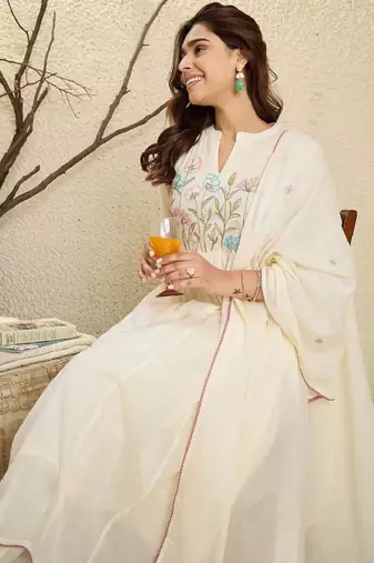Embroidered mandarin collar pure cotton a-line kurta with trouser & dupatta