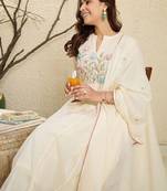 Embroidered mandarin collar pure cotton a-line kurta with trouser & dupatta
