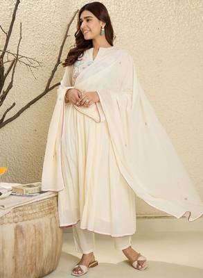 Embroidered mandarin collar pure cotton a-line kurta with trouser & dupatta 2