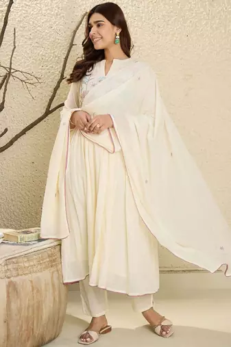 Embroidered mandarin collar pure cotton a-line kurta with trouser & dupatta
